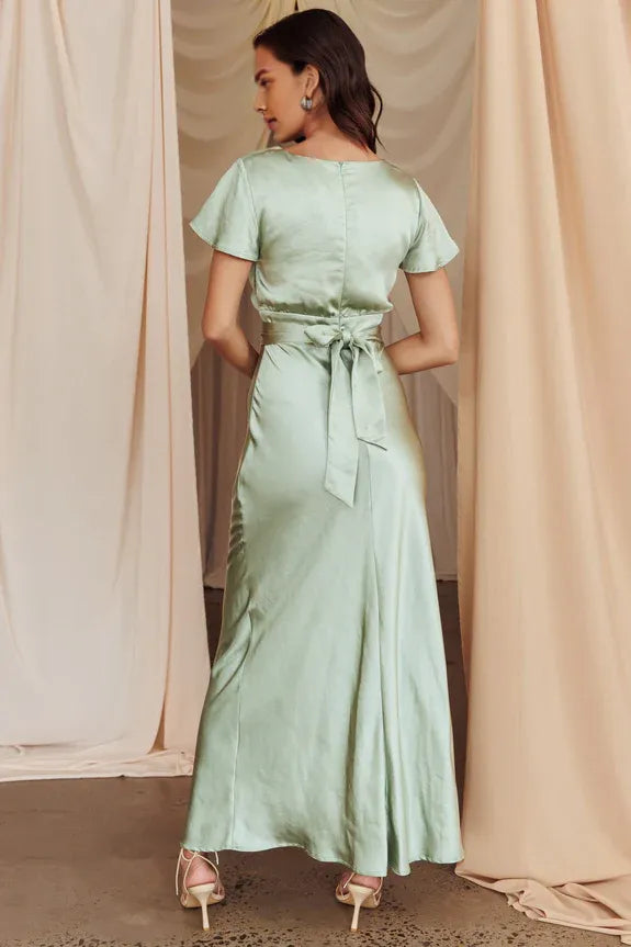 Robe Weitese à col en V profond et buste torsadé, manches courtes, robe de bal avec nœud dans le dos couleur sauge